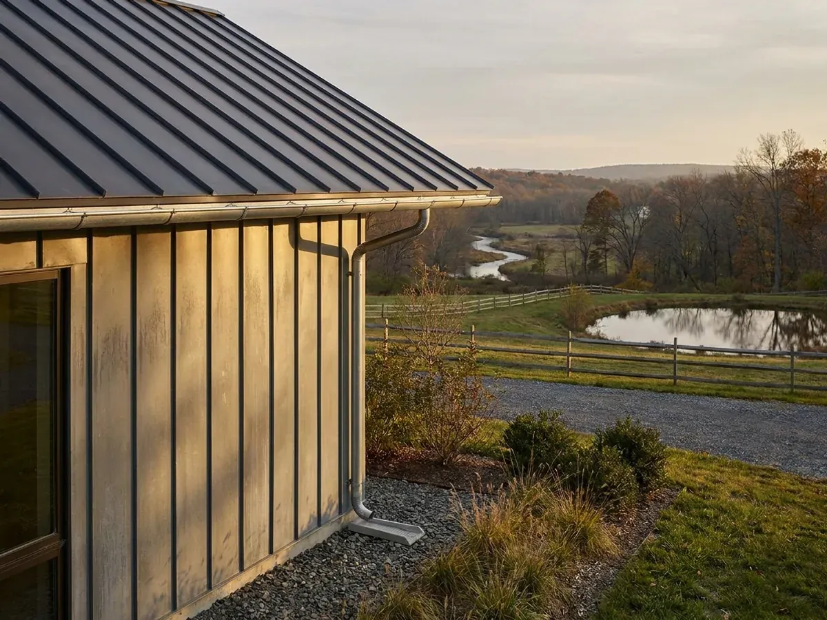Exterior detail of a metal-clad home showing standing seam roofing, vertical wall panels, and a downspout discharging away from the wall.