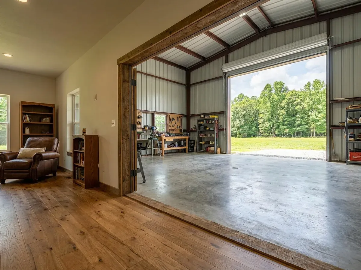 The interior of a shouse where a finished living area with warm flooring meets a shop bay with polished concrete and a tall roll-up door.
