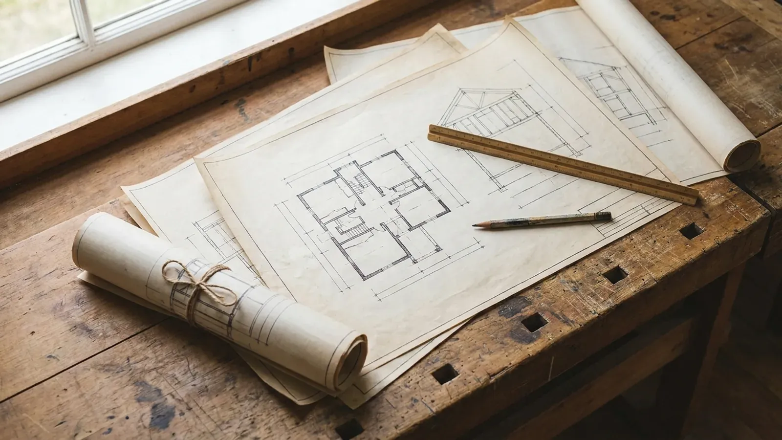 Overhead view of floor plan and structural elevation drawings spread on a workbench with a scale ruler and pencil.